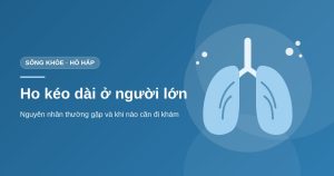 Minh họa hai lá phổi trên nền xanh dương với tiêu đề Ho kéo dài ở người lớn