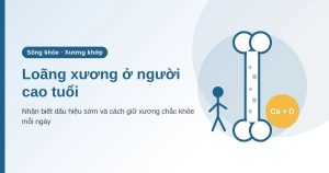 Minh họa khúc xương với các lỗ rỗng bên trong, hình người cao tuổi và biểu tượng canxi, vitamin D trên nền xanh dương